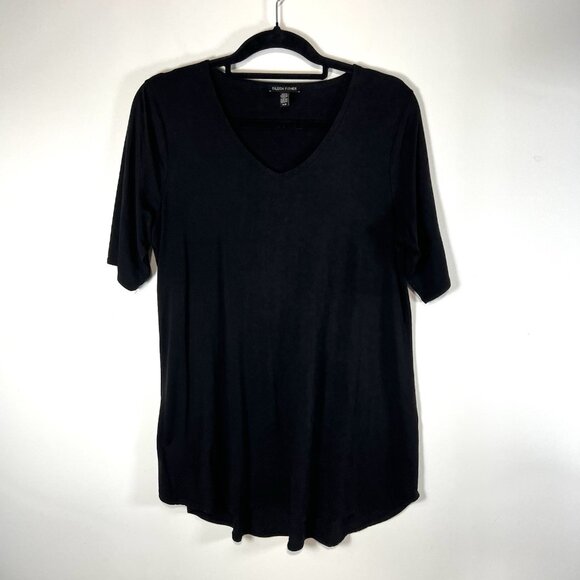 Eileen Fisher V-neck tunic top long sleeve women size Medium Black Minimalist - Picture 1 of 8